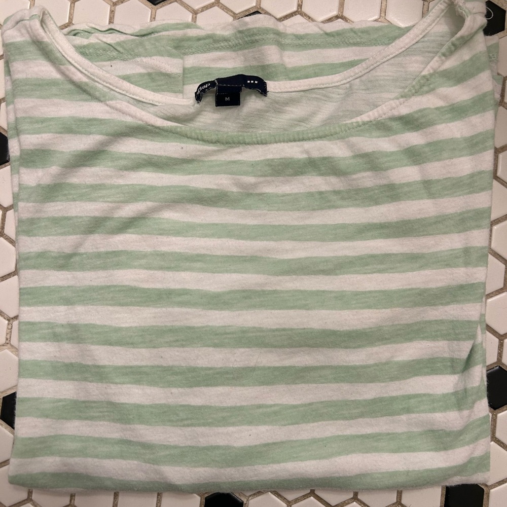GAP Green and White Striped Long Sleeve Tee